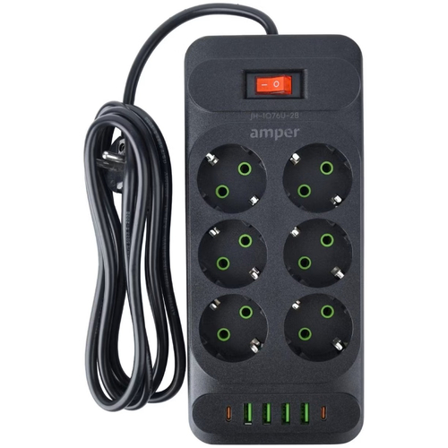 Сетевой фильтр Amper (2м/6 Sockets+4USB-A+2Type-C) Черный - GOODMi