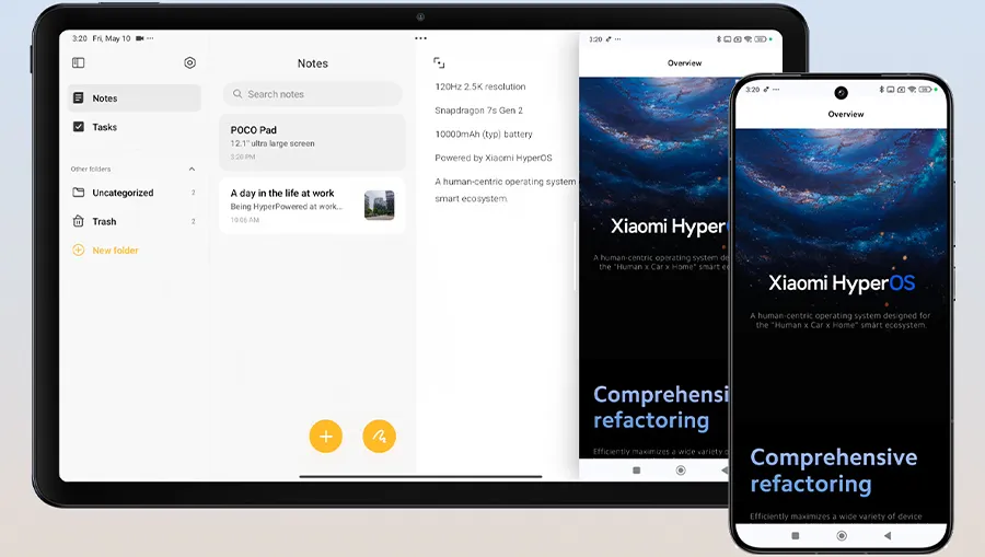 POCO Pad синхронизация смартфон экран drag-and-drop Notes камера