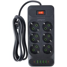 Сетевой фильтр Amper JH-1076U (4м/6 Sockets+4USB-A+2Type-C) Черный - GOODMi