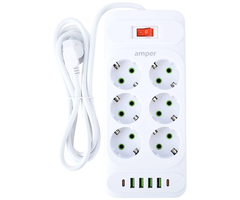 Сетевой фильтр Amper JH-1076U (4м/6 Sockets+4USB-A+2Type-C) Белый - GOODMi