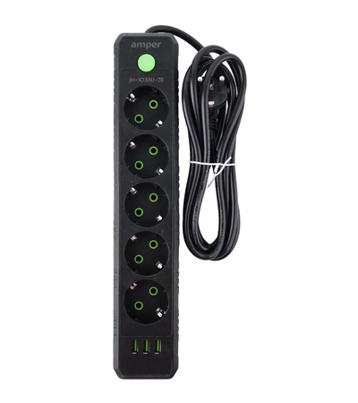 Сетевой фильтр Amper JH-1033U (5 розеток, 3 USB-A), Цвет: Чёрный, изображение 2 - GOODMi