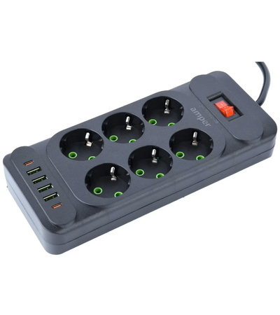 Сетевой фильтр Amper JH-1076U (6 розеток, 4 USB-A, 2 Type-C), изображение 2 - GOODMi