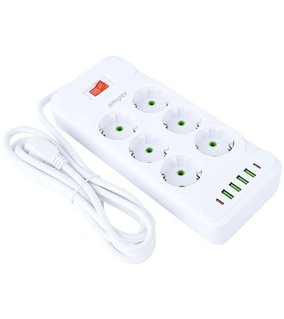 Сетевой фильтр Amper JH-1076U (4м/6 Sockets+4USB-A+2Type-C) Белый, изображение 2 - GOODMi