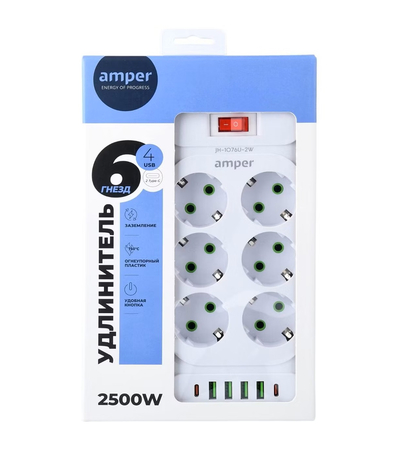 Сетевой фильтр Amper JH-1076U (4м/6 Sockets+4USB-A+2Type-C) Белый, изображение 3 - GOODMi