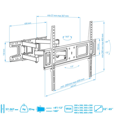 Кронштейн для телевизора наклонно-поворотный Arm Media LCD-418 32-65", изображение 6 - GOODMi
