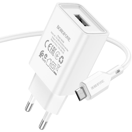 Сетевое зарядное устройство Borofone BA68A USB (2.1A) + кабель Micro White, Цвет: Белый, изображение 3 - GOODMi