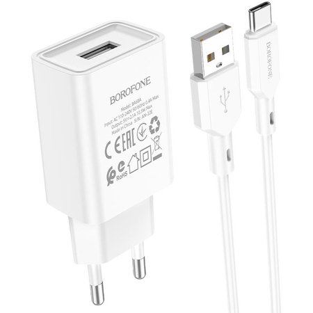 Сетевое зарядное устройство Borofone BA68A USB (2.1A) + кабель Type-C White, Цвет: Белый, изображение 3 - GOODMi