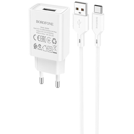 Сетевое зарядное устройство Borofone BA68A USB (2.1A) + кабель Type-C White, Цвет: Белый, изображение 5 - GOODMi