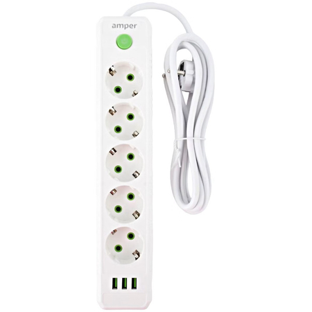 Сетевой фильтр Amper JH-1033U (5 розеток, 3 USB-A), Цвет: Белый, изображение 2 - GOODMi