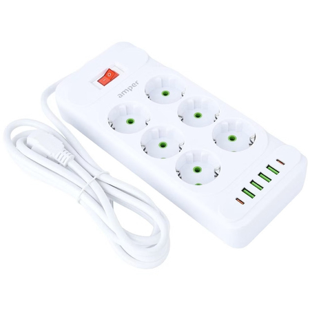 Сетевой фильтр Amper JH-1076U (4м/6 Sockets+4USB-A+2Type-C) Белый, изображение 2 - GOODMi