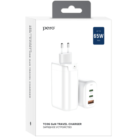 Сетевое зарядное устройство PERO TC06 GaN, 1xUSB-A QC + 2xPD, 65W, LED, изображение 3 - GOODMi
