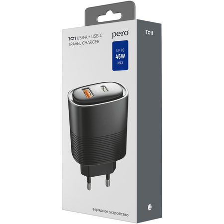 Сетевое зарядное устройство PERO TC11 USB-A QC3.0 + USB-C PD, 45W Black, изображение 7 - GOODMi