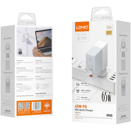 Зарядное устройство LDNIO A2620C 65W PD + QC3.0 + кабель Type-C White, изображение 7 - GOODMi