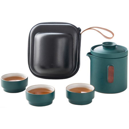 Дорожный чайный сервиз Pingzhe Tea Separation Ceramic Quick Cup (1 заварник 3 чашки) голубой - GOODMi