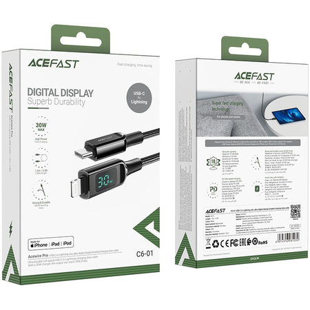 Кабель Acefast C6-01 Digital Display 30W USB-C/Lightning 1.2m Black, изображение 4 - GOODMi