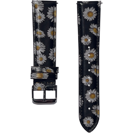 Ремешок кожаный 20mm строчка Черный с ромашками - GOODMi