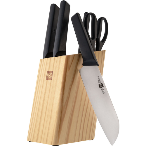 Набор стальных ножей HuoHou 6-Piece Kitchen Knife Set Lite (HU0058 Black RUS) (4 ножа + ножницы + деревянная подставка из сосны) - GOODMi