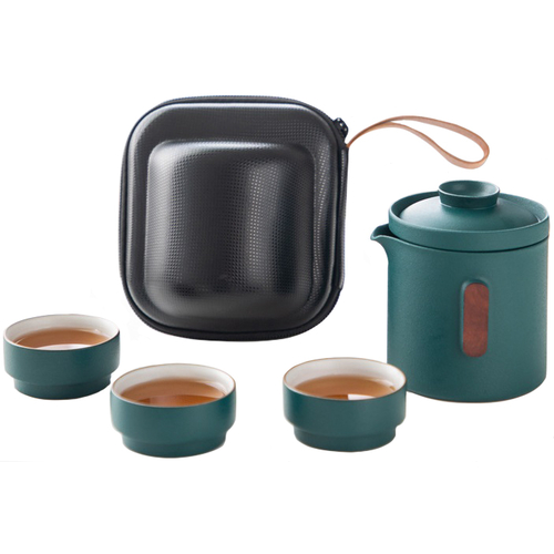 Дорожный чайный сервиз Pingzhe Tea Separation Ceramic Quick Cup (1 заварник 3 чашки) голубой - GOODMi