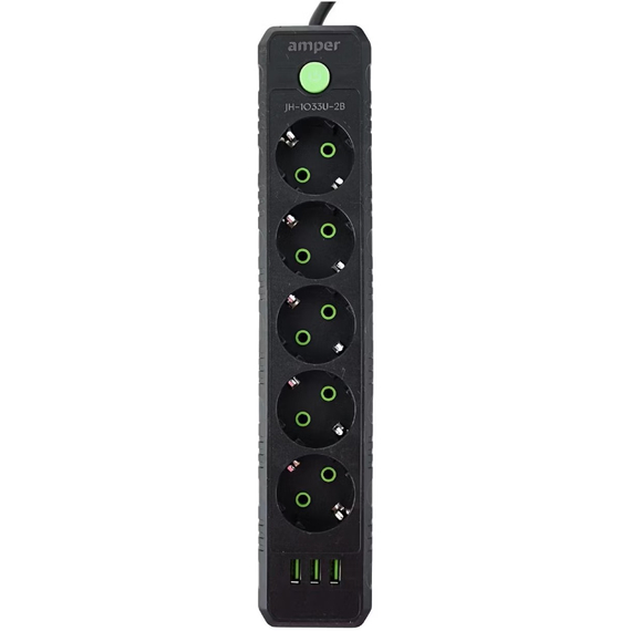 Сетевой фильтр Amper JH-1033U (2м/5 Sockets+3USB-A) Черный, Цвет: Чёрный - GOODMi