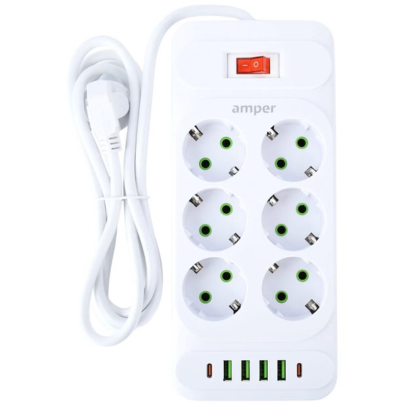 Сетевой фильтр Amper JH-1076U (4м/6 Sockets+4USB-A+2Type-C) Белый, Цвет: Белый - GOODMi